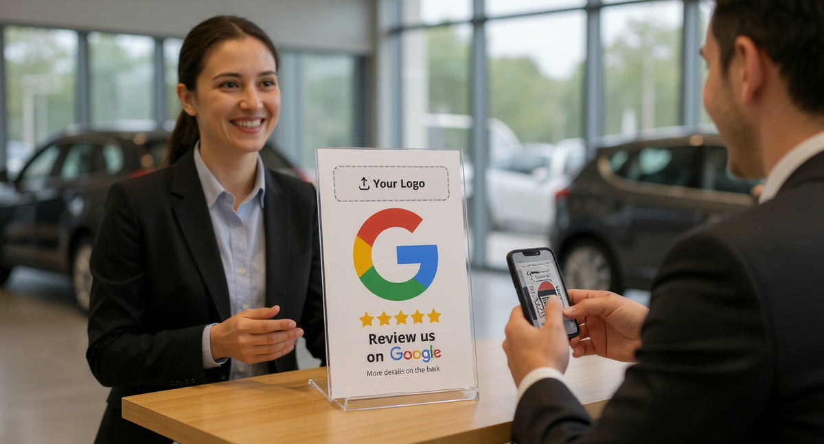 Car dealership Google reviews - Feeedback review card on sales desk during vehicle handover