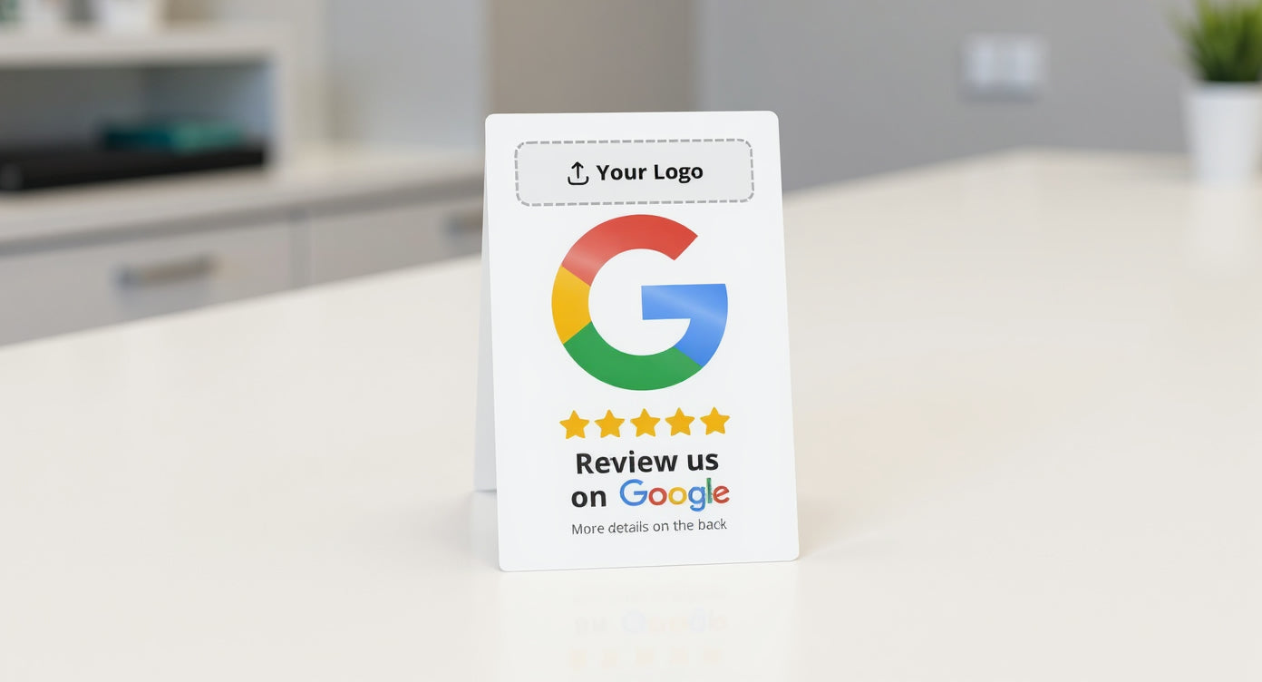 Feeedback Google Bewertungs-QR-Code-Karte flach auf dem Tresen einer Zahnarztpraxis