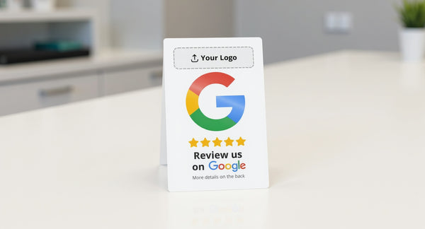 Feeedback Google Bewertungs-QR-Code-Karte flach auf dem Tresen einer Zahnarztpraxis